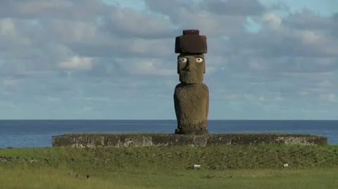 Easter Island Ahu Ko Te Riku moai against clouds and sea 4d Stock Footage