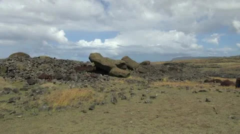 Easter Island Akahanga toppled moai zoom 2 Stock Footage