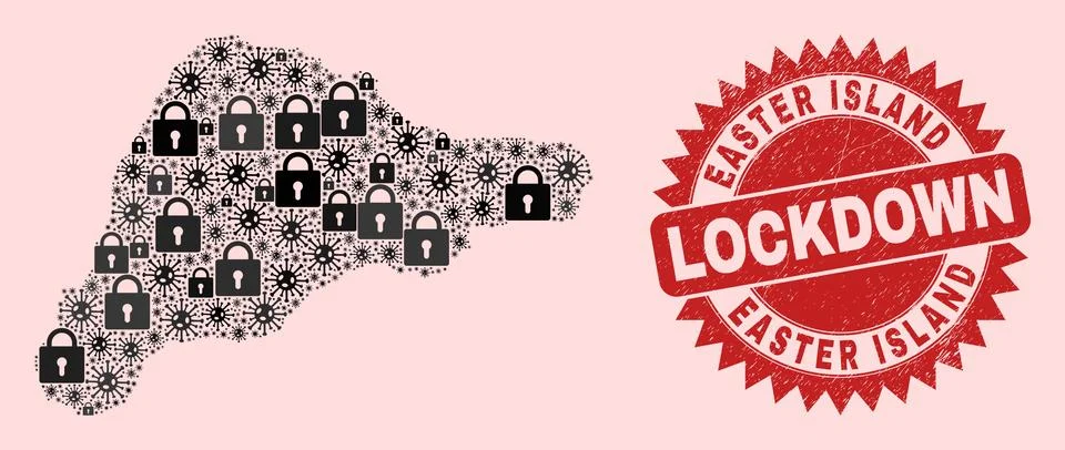 Easter Island Map Collage of Locks and Viruses and Textured Lockdown Stamp Seal Illustrazione stock