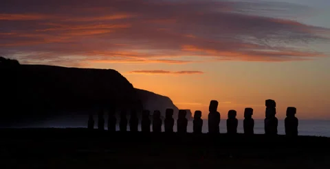 Easter Island Moai Statues Silhouette at Sunset, Rapa Nui Coastline Stock Footage 336760282