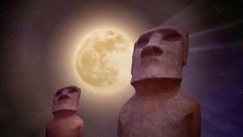Easter islands statues in the dark night with the glowing full moon Stock Footage 246784786