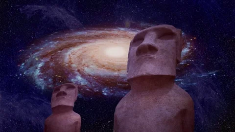 Easter islands statues with the spinning revolving galaxy Stock Footage 246784755
