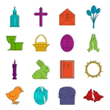 Easter items icons doodle set Stock Illustration
