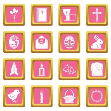 Easter items icons pink Stock Illustration