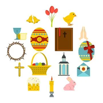 Easter items icons set in flat style Stock Illustration
