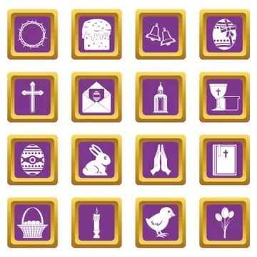 Easter items icons set purple Stock Illustration
