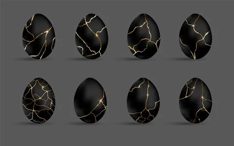Easter kintsugi black eggs set. Luxury eggs with different crackle gold ornament 스톡 일러스트
