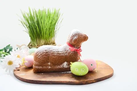 Easter lamb cake with eggs and wheat grass Stock Photos