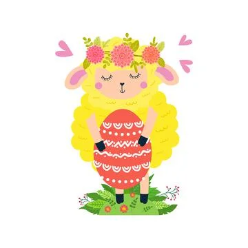 Easter lamb is holding a large decorated egg. Stock Illustration