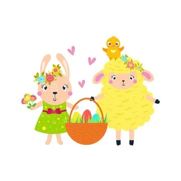 Easter lamb, rabbit chick carry a basket of eggs. Stock Illustration