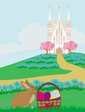 Easter landscape with eggs and sweet bunny Illustrazione stock