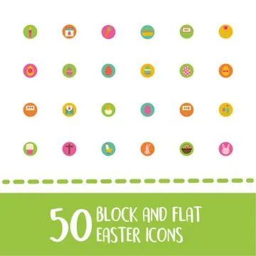 Easter lettering with bundle of spring set block and flat icons Stock Illustration
