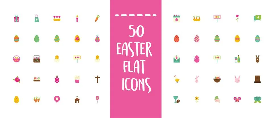 Easter lettering with bundle of spring set flat icons Stock Illustration