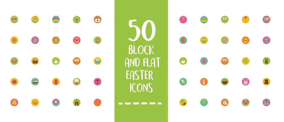 Easter lettering with bundle of spring set block and flat icons Stock Illustration
