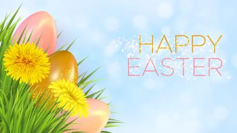 Easter light blue background with realistic easter eggs and dandelions Stock Illustration