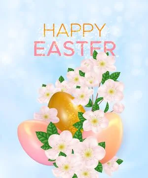 Easter light blue background with realistic easter eggs and cherry blossoms Stock Illustration