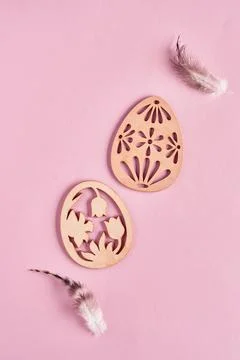 Easter light blue eggs in nest on pink color background. Easter minimal creat Stockfoto's