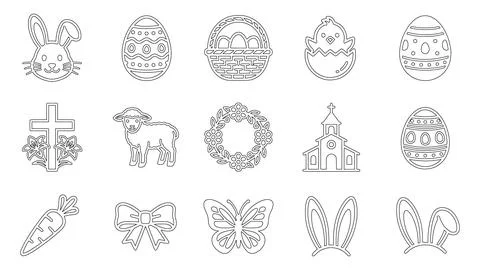 Easter Line Art Icon Set with Christian Symbols and Decorative Eggs for Eas.. Stock Illustration