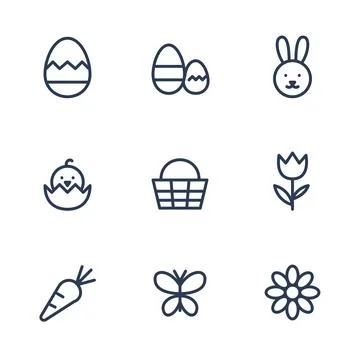 Easter line icon set with nine outline symbols of egg, bunny, chick, basket, Stock Illustration