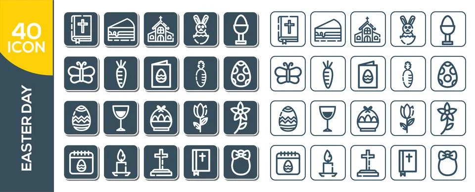 Easter linear icons set. Easter bunny, eggs, cake, cross, lamb, chicken, chur Stock Illustration