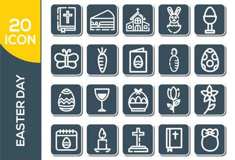 Easter linear icons set. Easter bunny, eggs, cake, cross, lamb, chicken, chur Stock Illustration