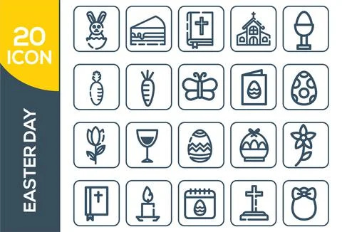 Easter linear icons set. Easter bunny, eggs, cake, cross, lamb, chicken, chur Stock Illustration