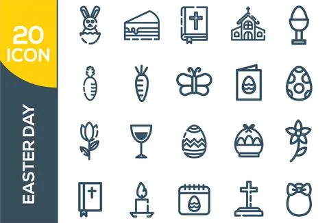 Easter linear icons set. Easter bunny, eggs, cake, cross, lamb, chicken, chur 스톡 일러스트