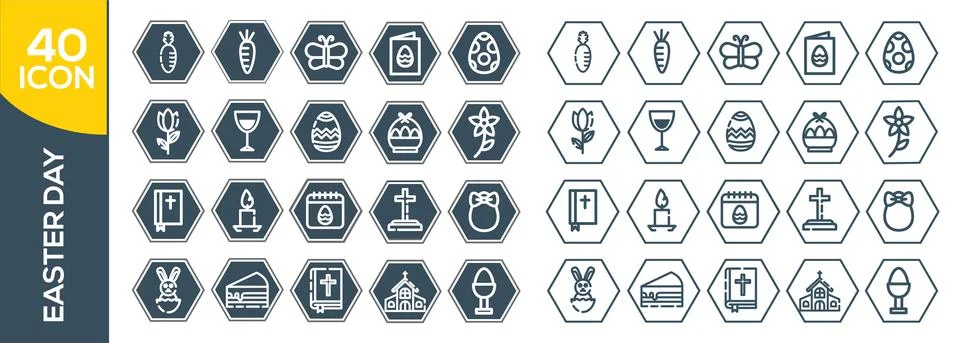 Easter linear icons set. Easter bunny, eggs, cake, cross, lamb, chicken, chur Stock Illustration