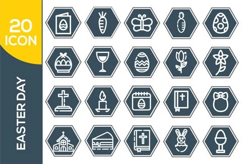 Easter linear icons set. Easter bunny, eggs, cake, cross, lamb, chicken, chur Stock Illustration