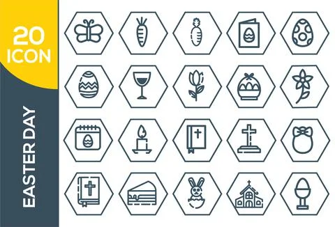 Easter linear icons set. Easter bunny, eggs, cake, cross, lamb, chicken, chur Stock Illustration