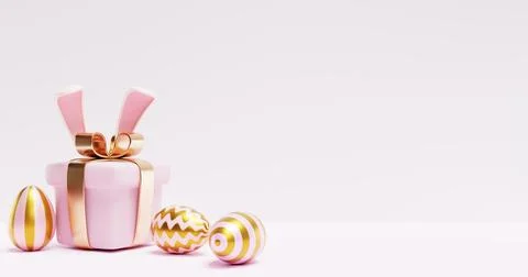 Easter. Luxurious gift box in rabbit ears, shiny eggs. Illustrazione stock