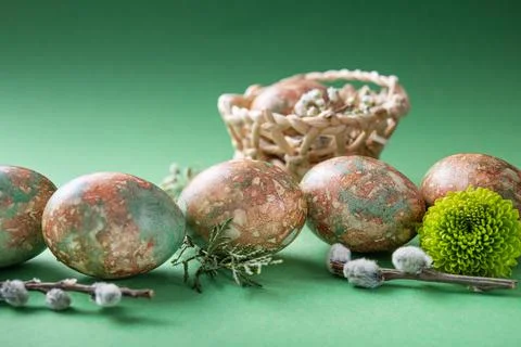 Easter marble eggs with spring flowers Stock Photos