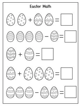 Easter math black and white worksheet for kids. Eggs addition printable activity Stock Illustration