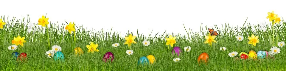 Easter meadow with colorful easter eggs Stock Photos