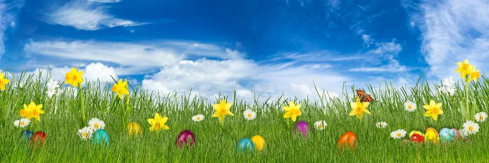 Easter meadow with colorful easter eggs Stock Photos