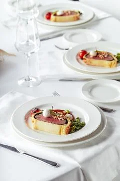 Easter meat roll, meatloaf for Easter dinner. Beautifully decorated catering Stock Photos