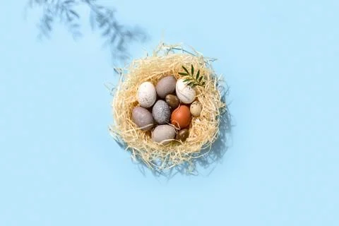 Easter minimal concept with Easter eggs in a nest Stock Photos