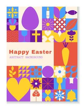 Easter minimal geometric card. Spring holiday festive poster. Square tiles ba 스톡 일러스트