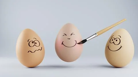 Easter minimalist concept. Eggs with funny faces and a brush for drawing on a Stock Illustration