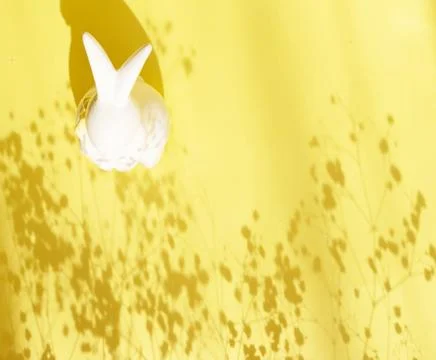 Easter minimalistic background with a ceramic rabbit and a shadow of flowers on Stock Photos