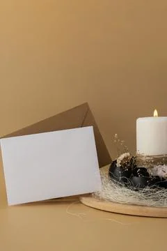 Easter mock up envelope empty card template Creative handmade Easter table Stock Photos