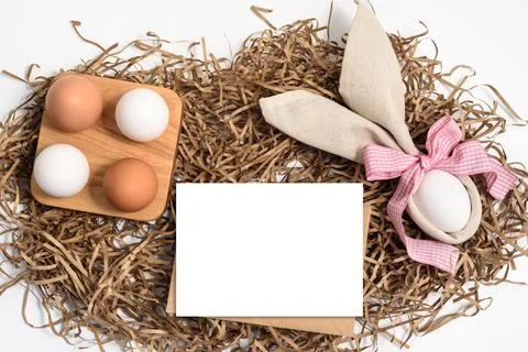 Easter mockup greeting card, Flat lay, copyspace. Stock Photos
