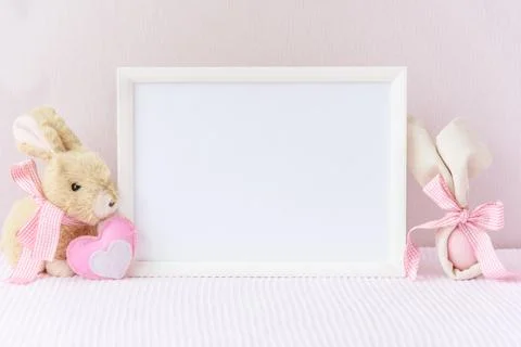 Easter mockup horizontal white frame with bunny Stock Photos