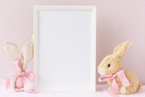 Easter mockup vertical white frame with bunny Stock Photos