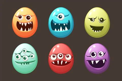Easter monsters eggs with cute faces, big teeth and eyes. Colorful elliptical Stock Illustration