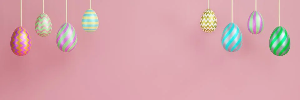 Easter multi-colored eggs hang from threads on a pink background. Stock Illustration