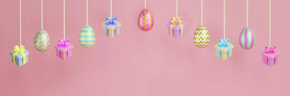 Easter multicolored eggs and gift boxes hang from threads Illustrazione stock