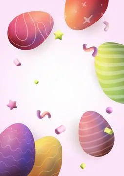Easter multicolored eggs realistic 3d, confetti . Vector illustration, copy.. Stock Illustration