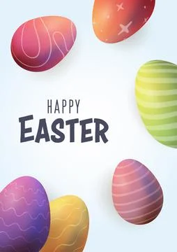 Easter multicolored eggs realistic 3d, confetti blue. Vector illustration, Illustrazione stock