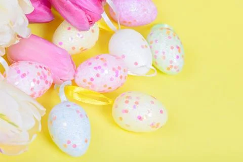 Easter multicolored tulips and eggs Стоковые фото